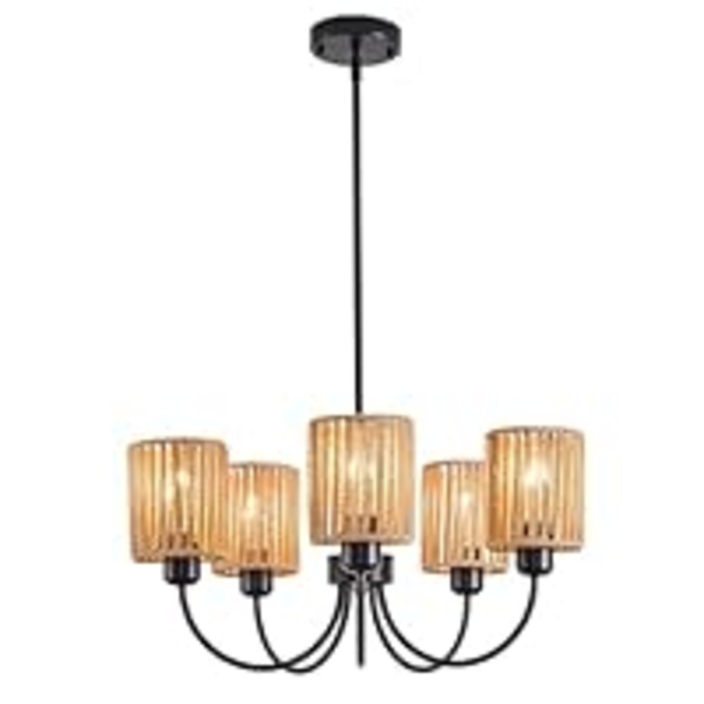 Feohak 22” Black Farmhouse Chandelier - 5 Light Rattan Pendant Light for Kitchen Island & Dining Room - Adjustable Height E26