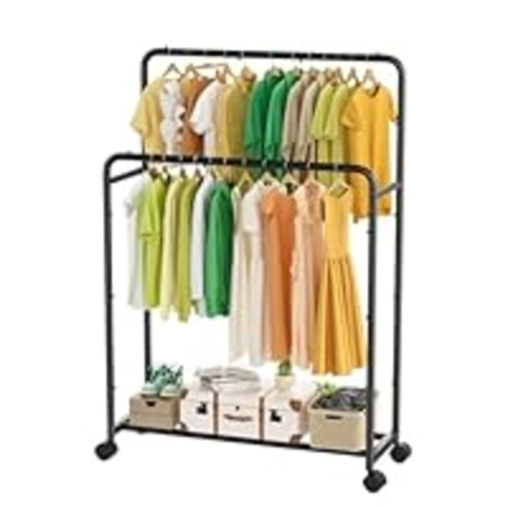 Simple Trending Clothing Clothes Rack Double Rods with Wheels, Rolling Metal Garment Rack for Hanging, Black
