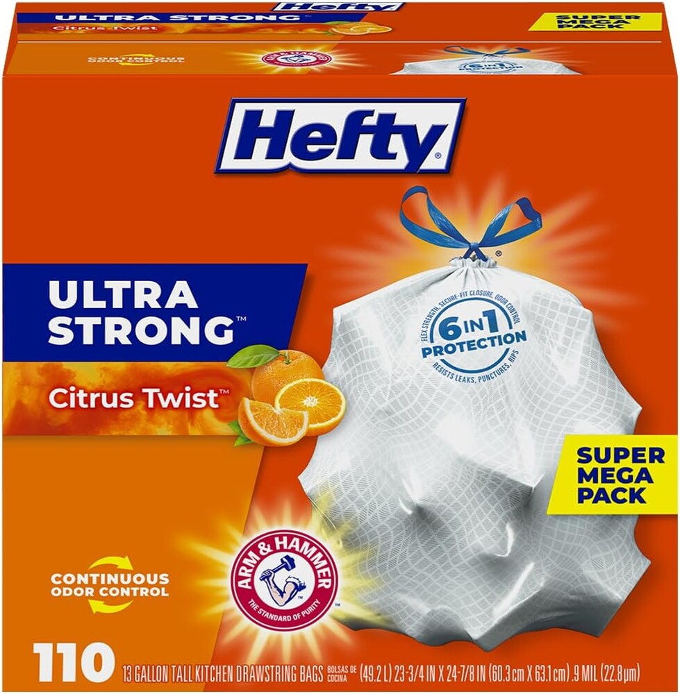 Hefty Ultra Strong Tall Kitchen Trash Bags, Citrus Twist Scent, 13 Gallon, 110 Count