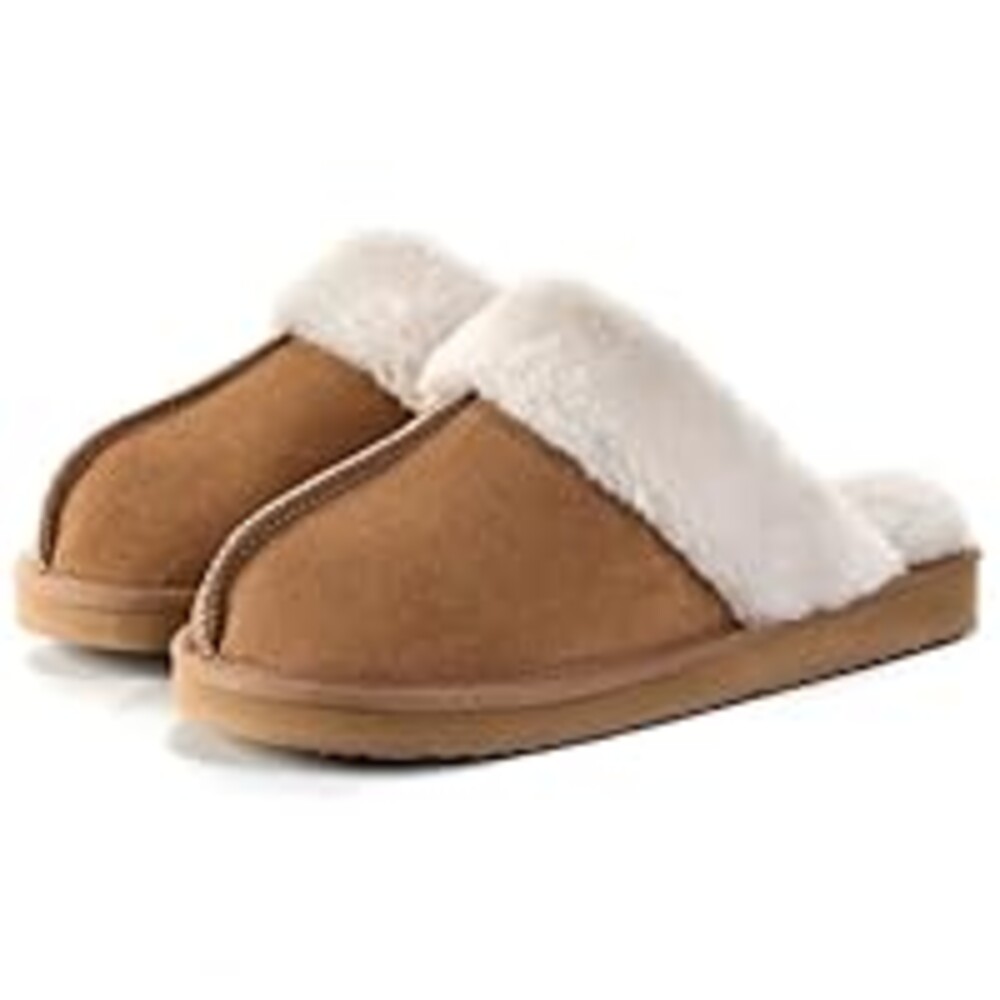 OOW Fuzzy Slippers for Women Cozy Faux Fur House Shoes Winter Warm Memory Foam Slippers for Indoor and Outdoor Chestnut Size 8.5
