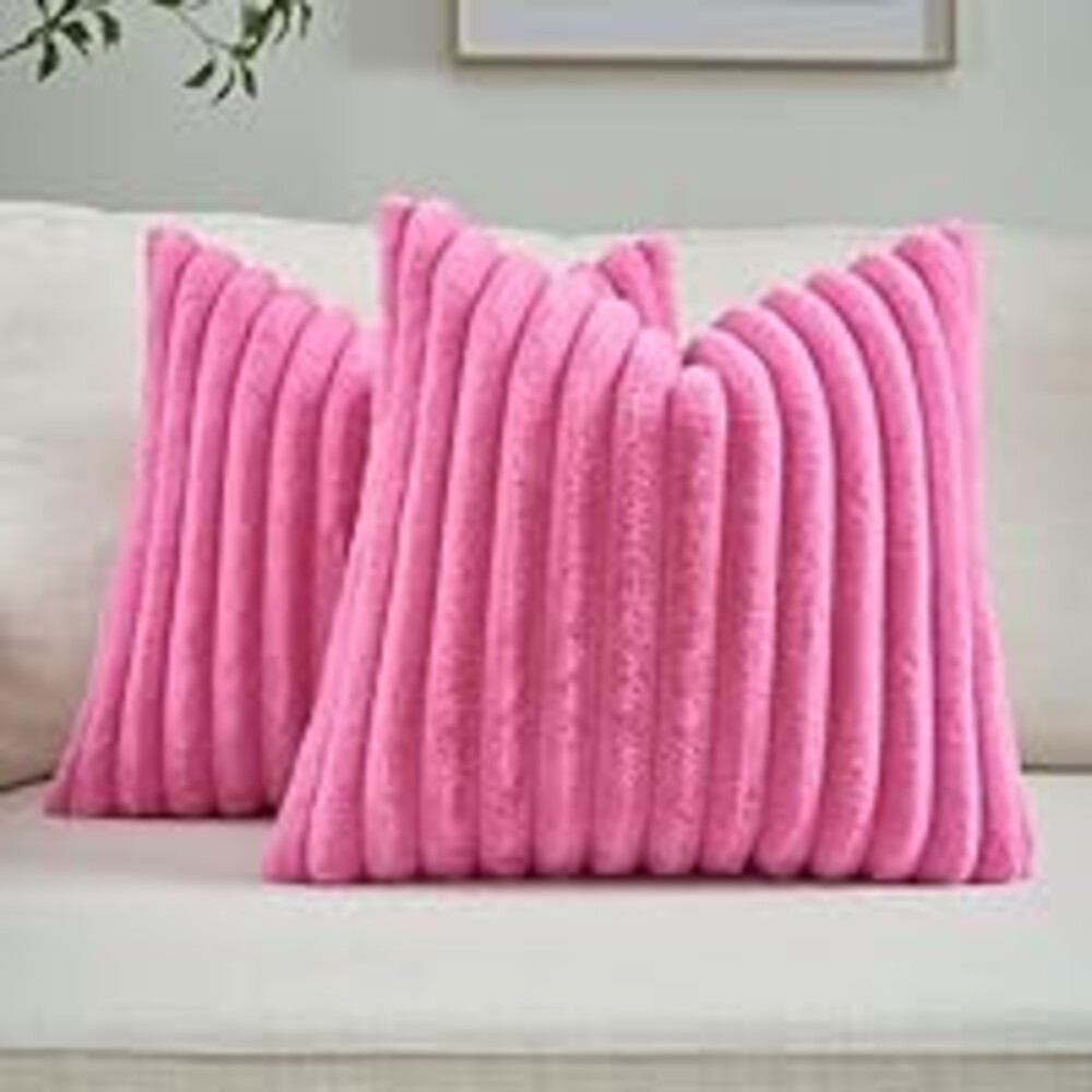 FUTEI Hot Pink Throw Pillow Covers Set of 2, 18x18 Inch Soft Faux Rabbit Fur Striped Texture Cushion Cases, Modern Decorative Couch Pillows for Living Room Bed