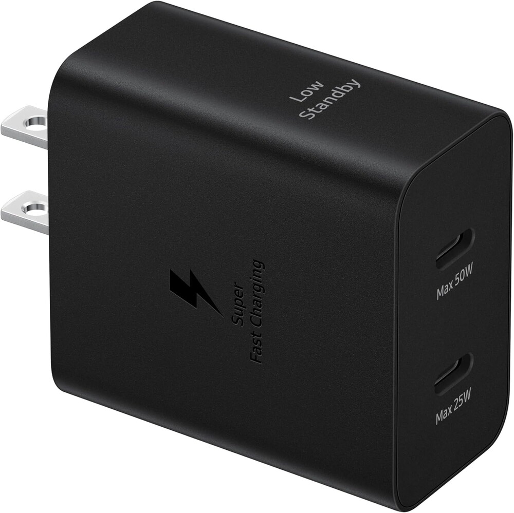 SAMSUNG 50W Duo Power Adapter Wall Charger, 2 Ports, Cable Included, Super Fast Charging 2.0 for Galaxy Phones, Tablets, USB Type C Devices, Low Standby Power Consumption, EP-T5020XBEGUS, Black