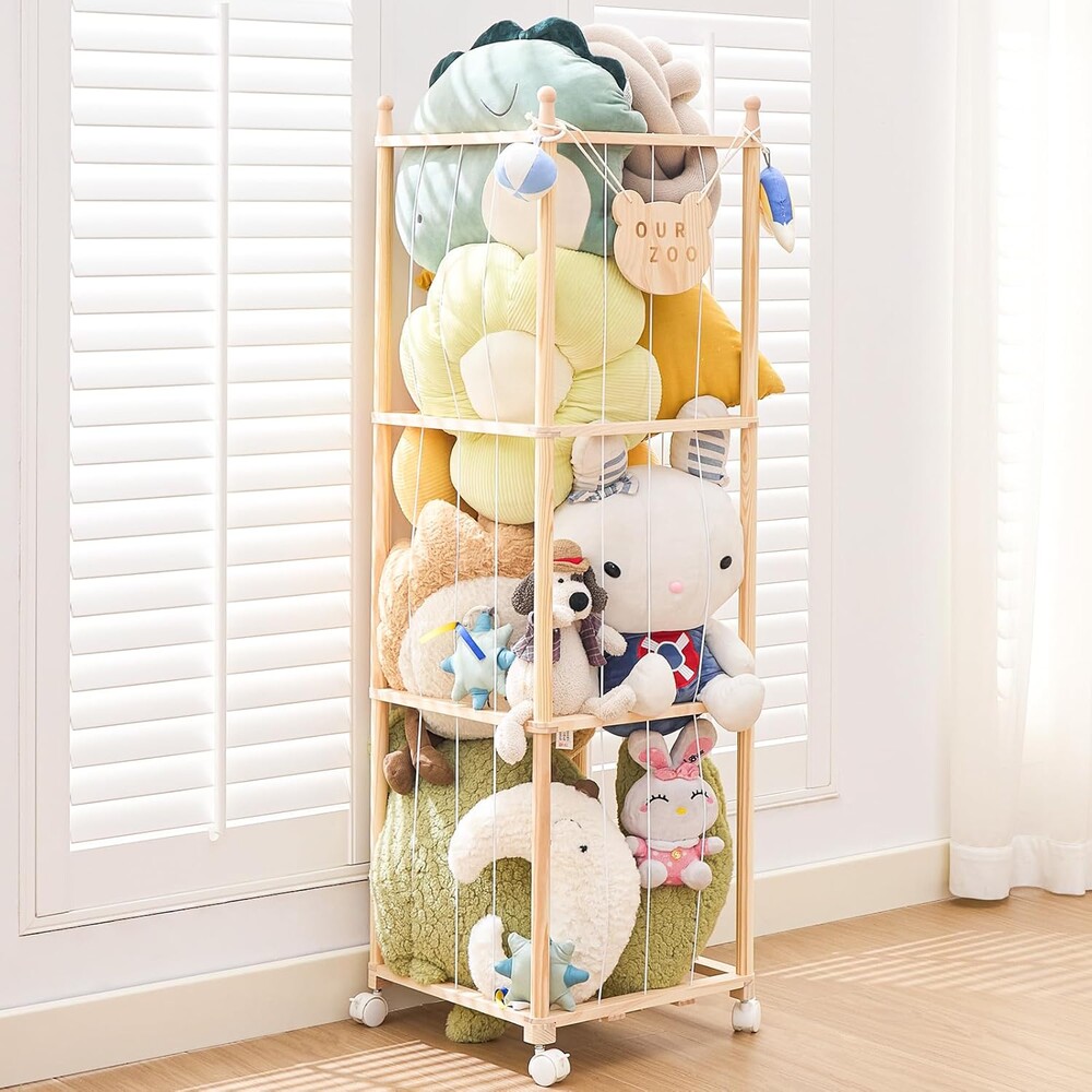 Stuffed Animal Storage Zoo Organizer – Tall Wooden Tower Holder for Large Plush Toys – Vertical Space Saving Cage Display – Kids Playroom Nursery Bedroom Toy Organization Solution