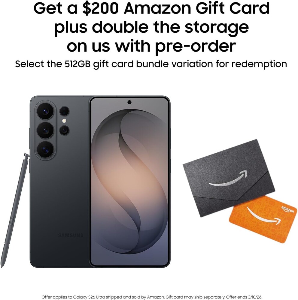 Samsung Galaxy S26 Ultra, Unlocked Android Smartphone + $200 Gift Card, 512GB, Privacy Display, Galaxy AI, AI Camera, Super Fast Charging 3.0, Durable Battery, 2026, Black