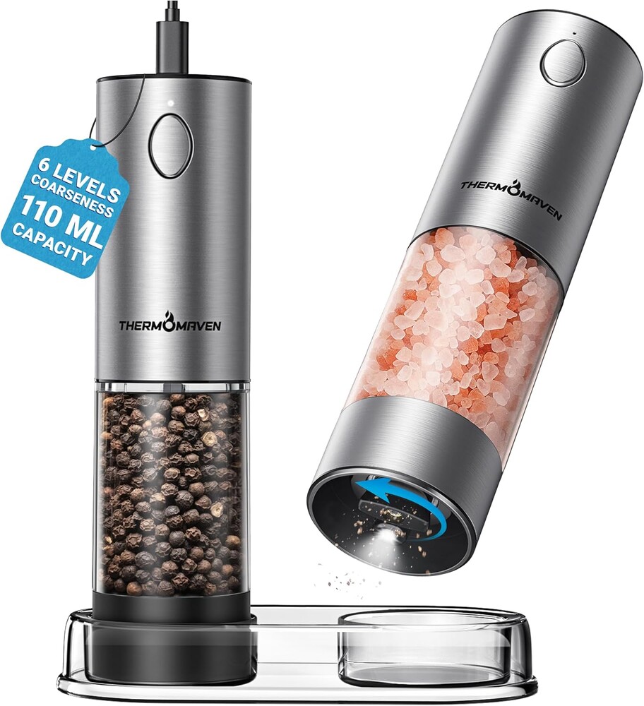 ThermoMaven Upgraded Larger Capacity Electric Salt and Pepper Grinder Set, 110ml Rechargeable Salt and Pepper Shaker with LED light, 6 Adjustable Coarseness, Stainless Steel, Black & Silver