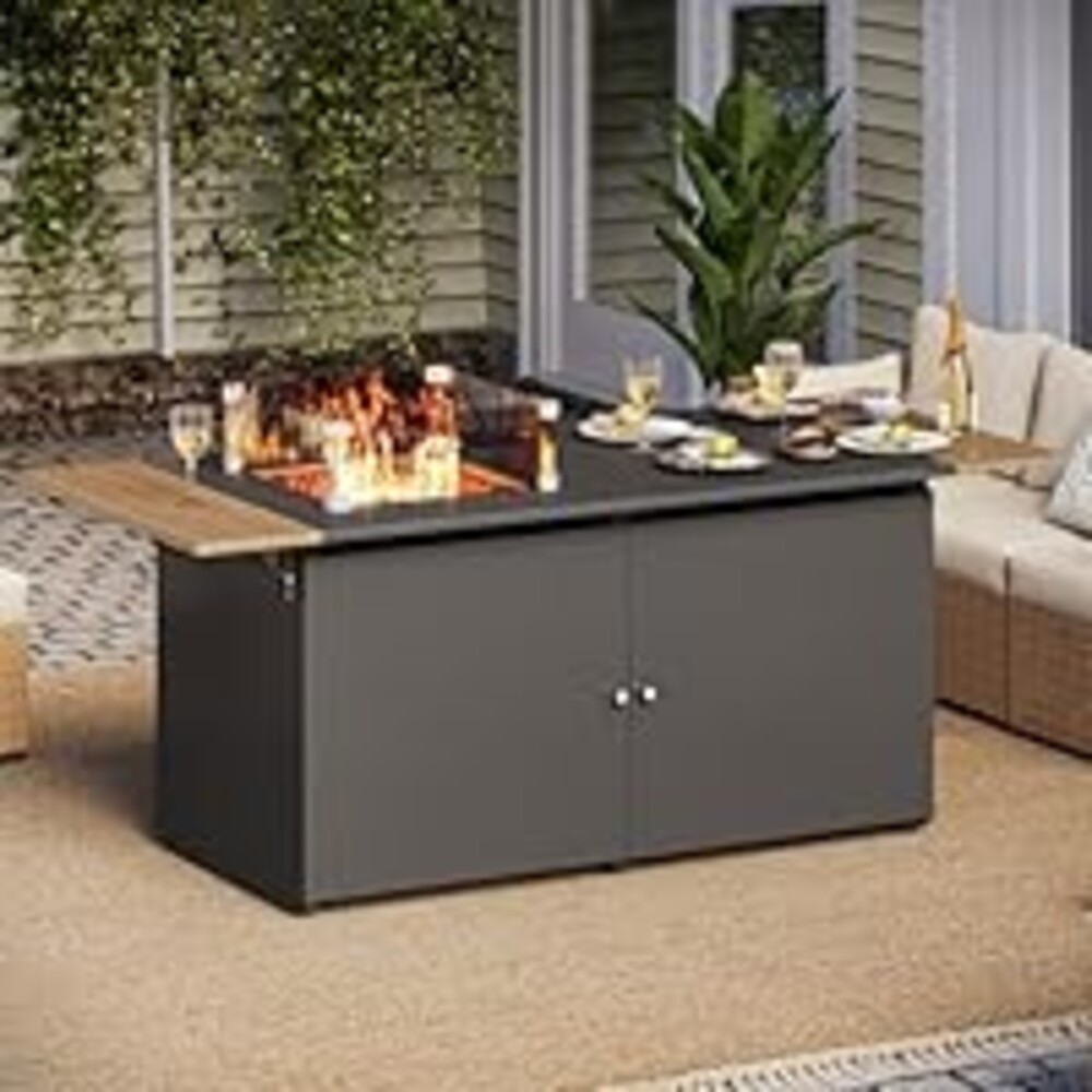 LAUSAINT HOME 64" Gas Fire Pit Table for Outside Patio, 55,000 BTU Propane Firepit with Expandable Tabletop & Wind Guard