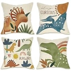 Fahrendom Boho Dinosaur Rawr Decorative Throw Pillow Covers 16 x 16 Set of 4, Bohemian Dino Stay Curious Porch Patio Outdoor Pillowcase, Sun Rainbow Plant Sofa Couch Cushion Case Home Decor