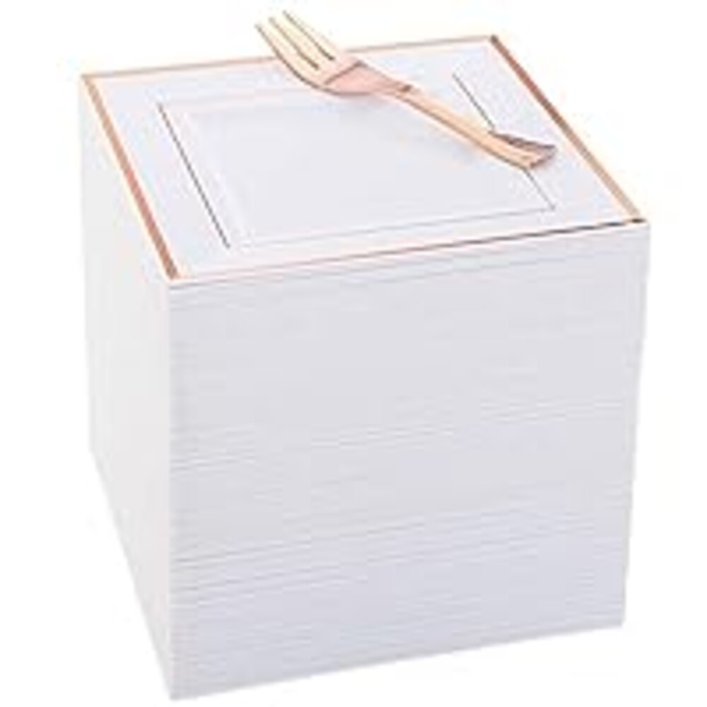 WDF 86pcs Rose Gold Dessert Plates 6" with 86 Pieces Disposable Forks 5", Elegant Square Appetizer Small Plastic Plates for Mother's Day, Wedding