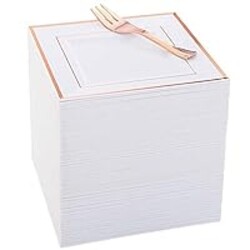 WDF 86pcs Rose Gold Dessert Plates 6" with 86 Pieces Disposable Forks 5", Elegant Square Appetizer Small Plastic Plates for Mother's Day, Wedding