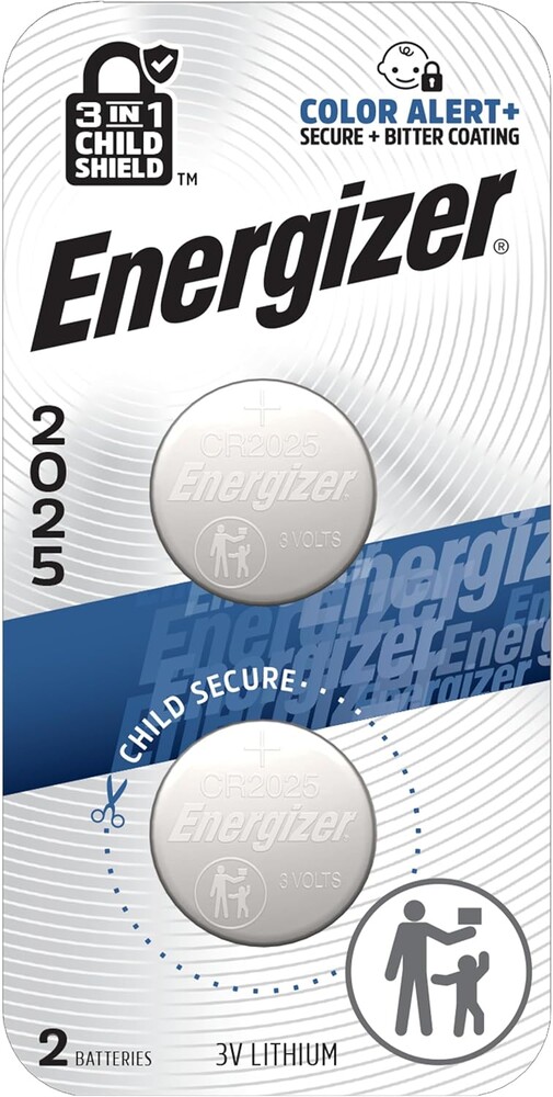 Energizer 2025 Batteries (2 Pack), 3V Lithium Coin Batteries With 3-in-1 Child Shield
