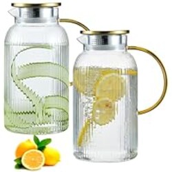 2 PACK Glass Pitcher with Lid and Handle,68 oz/ 2 Liter Vertical Stripes Water Pitcher,Glass Water Carafe for Fridge,Hand Blown Heat Resistant Borosilicate Water Jug for Hot/Cold Drinks,Gifts