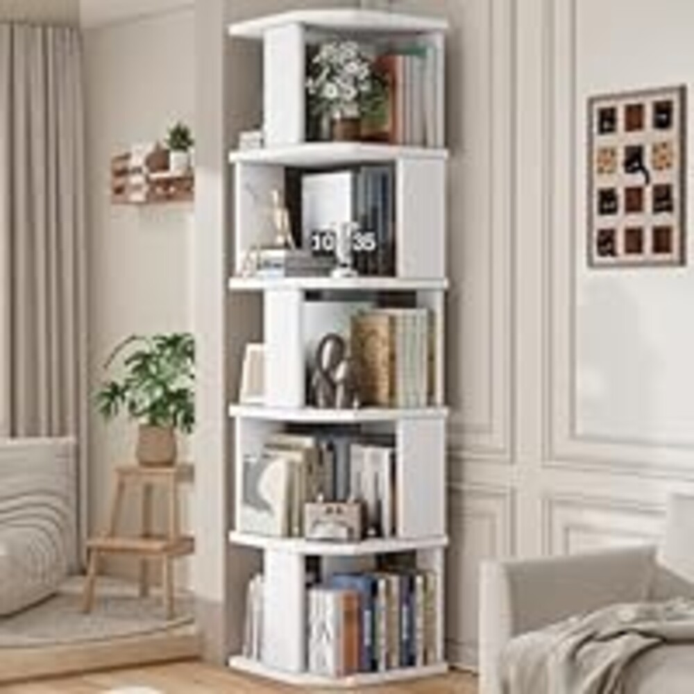VYRIVA 5 Tier Square Bookshelf Tower, Floor Standing Corner Bookshelf Modern Organizer Storage Display Rack for Home Office Living Room Study, Small Spaces