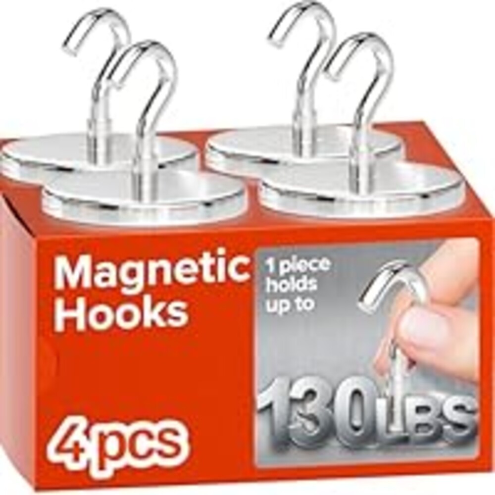 Magnetic Hooks 130 LBS (Pack of 4 Silver) - Heavy Duty Neodymium Hooks for Outdoor & Backyard Use - Strong Rare Earth Magnets for Cruise Cabins - Magnetic Hooks for Kitchen & Refrigerators