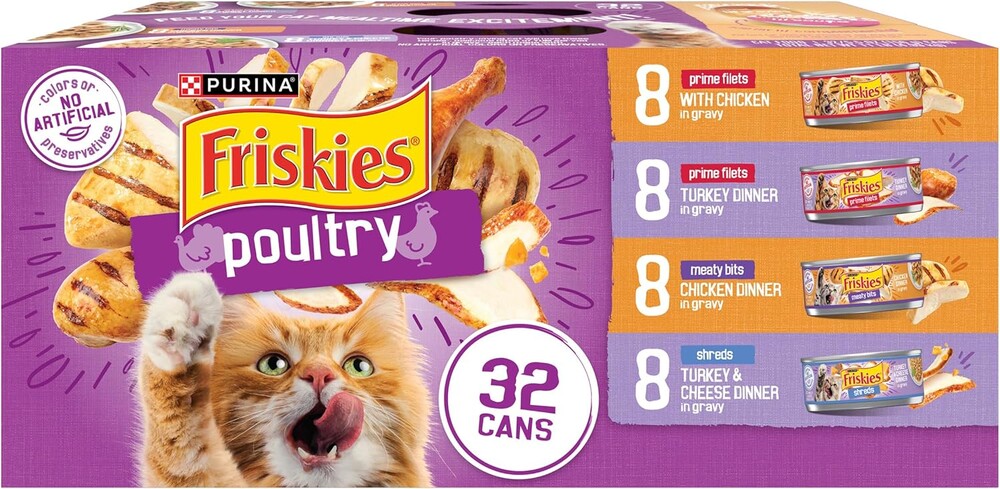 Purina Friskies Gravy Wet Cat Food Variety Pack, Poultry Shreds, Meaty Bits and Prime Filets - (Pack of 32) 5.5 oz. Cans