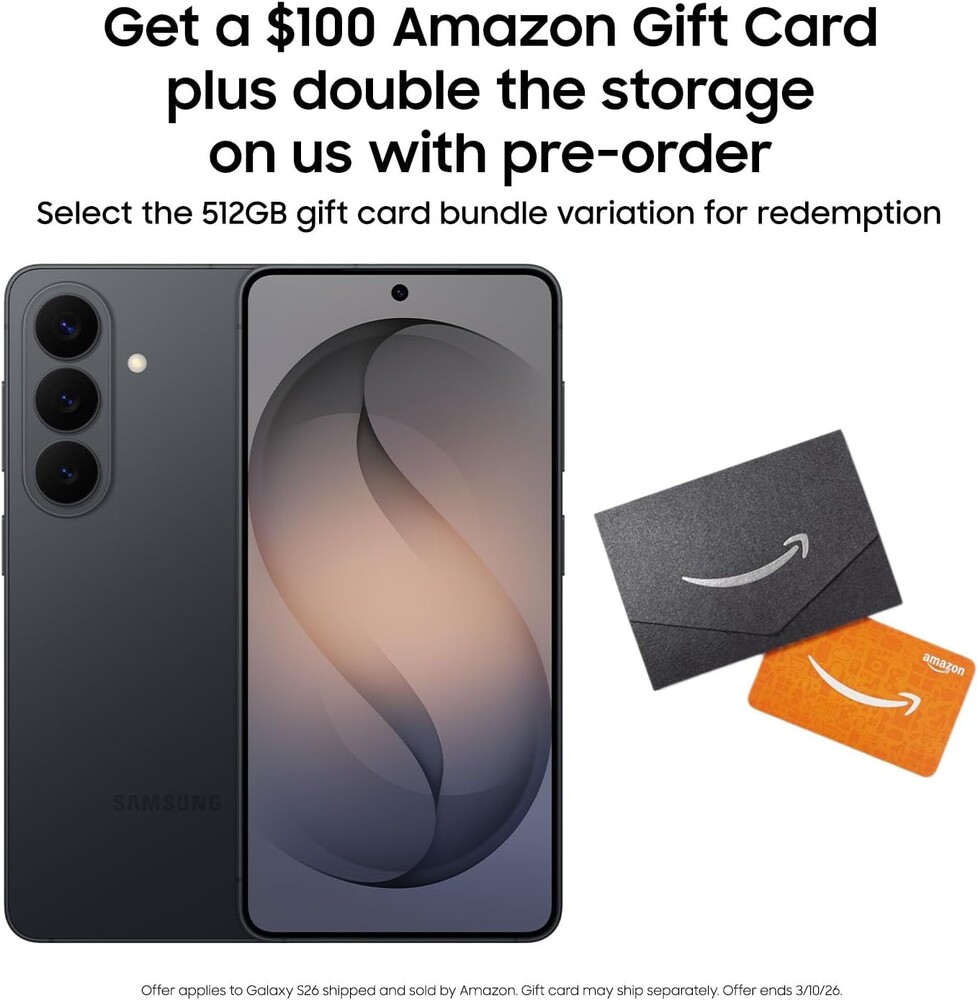Samsung Galaxy S26, Unlocked Android Smartphone + $100 Gift Card, 512GB, Powerful Processor, Galaxy AI, Immersive Viewing, Durable Battery, 2026, Black