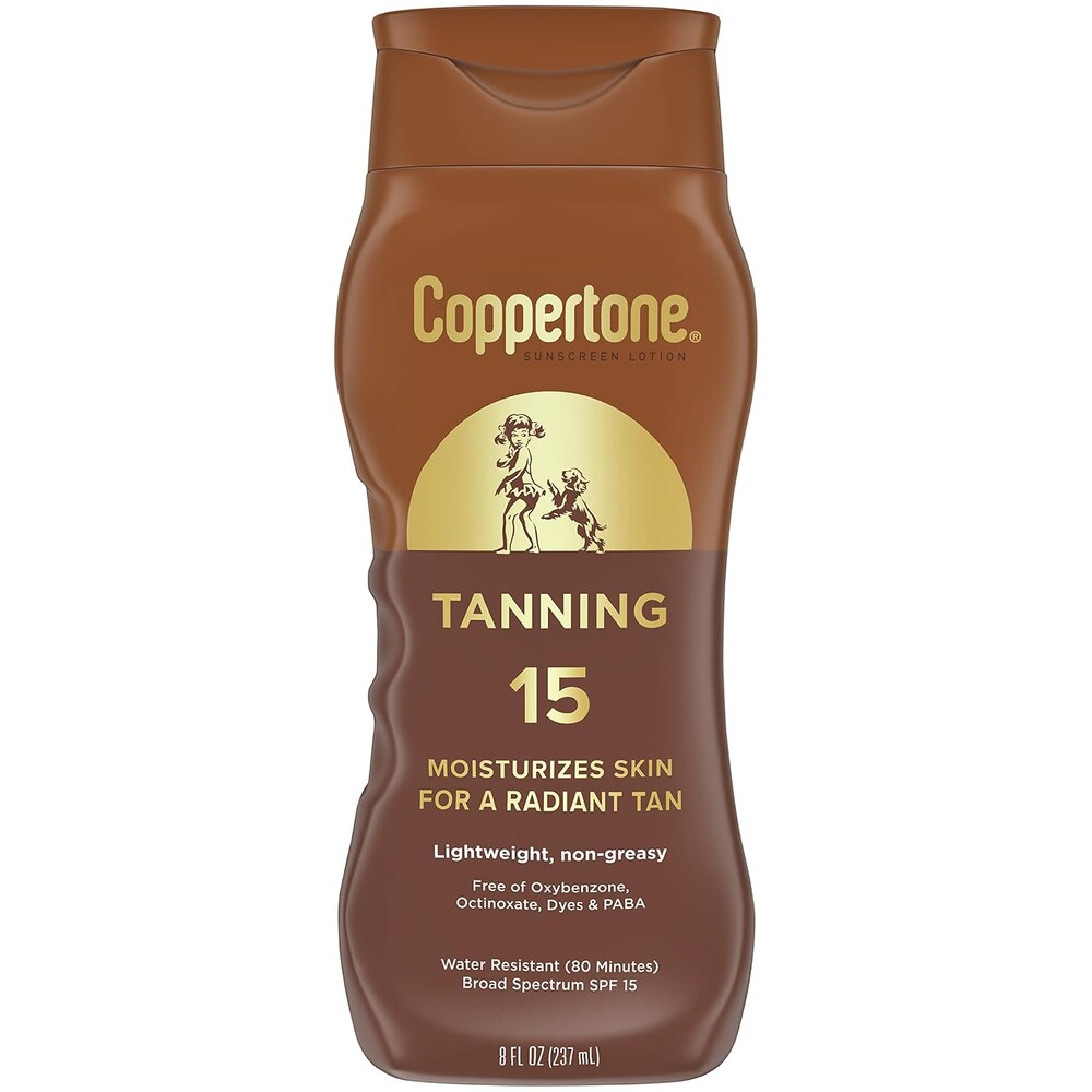 Coppertone Tanning Sunscreen Lotion, SPF 15, Lightweight and Non Greasy Sunscreen, Water Resistant, Oxybenzone Free, Sun Tan Lotion Moisturizes Skin for a Radiant Tan, 8 Fl Oz Bottle