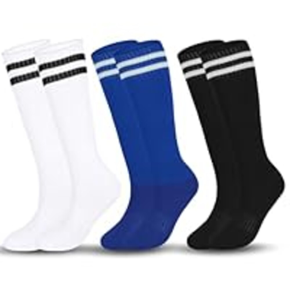 Moikolok Age 6-8 Kid Soccer Socks 3 Pairs Knee High Tube long Two Stripes Uniform Socks for Boys Girls (Blue&White&Black)