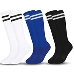 Moikolok Age 6-8 Kid Soccer Socks 3 Pairs Knee High Tube long Two Stripes Uniform Socks for Boys Girls (Blue&White&Black)