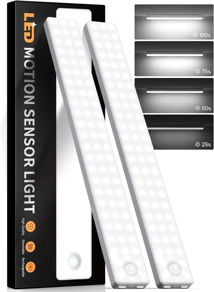 13inch Under Cabinet Lighting, 2500mAh Motion Sensor Light Indoor, USB Rechargeable Battery Operated Closet Light, Dimmable LED Cabinet Lights, Under Counter Light for Kitchen (2-Pack)