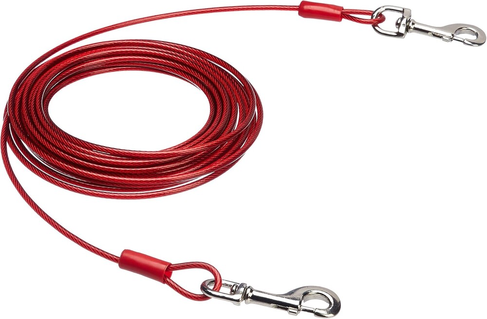 Amazon Basics Tie-Out Cable For Large Dogs, 30 Feet Long, Rust-Resistant, Durable Metal Clips, Up to 125 Pounds, Red