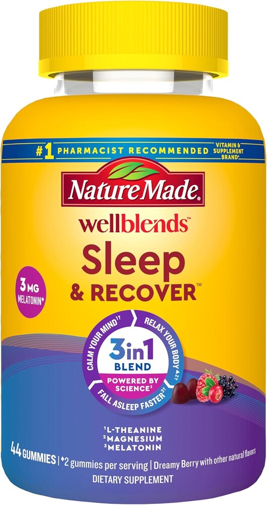 Nature Made Wellblends Sleep and Recover, Sleep Aid with Melatonin 3mg to Support Restful Sleep, plus L theanine 200mg and Magnesium Citrate, 44 Gummies