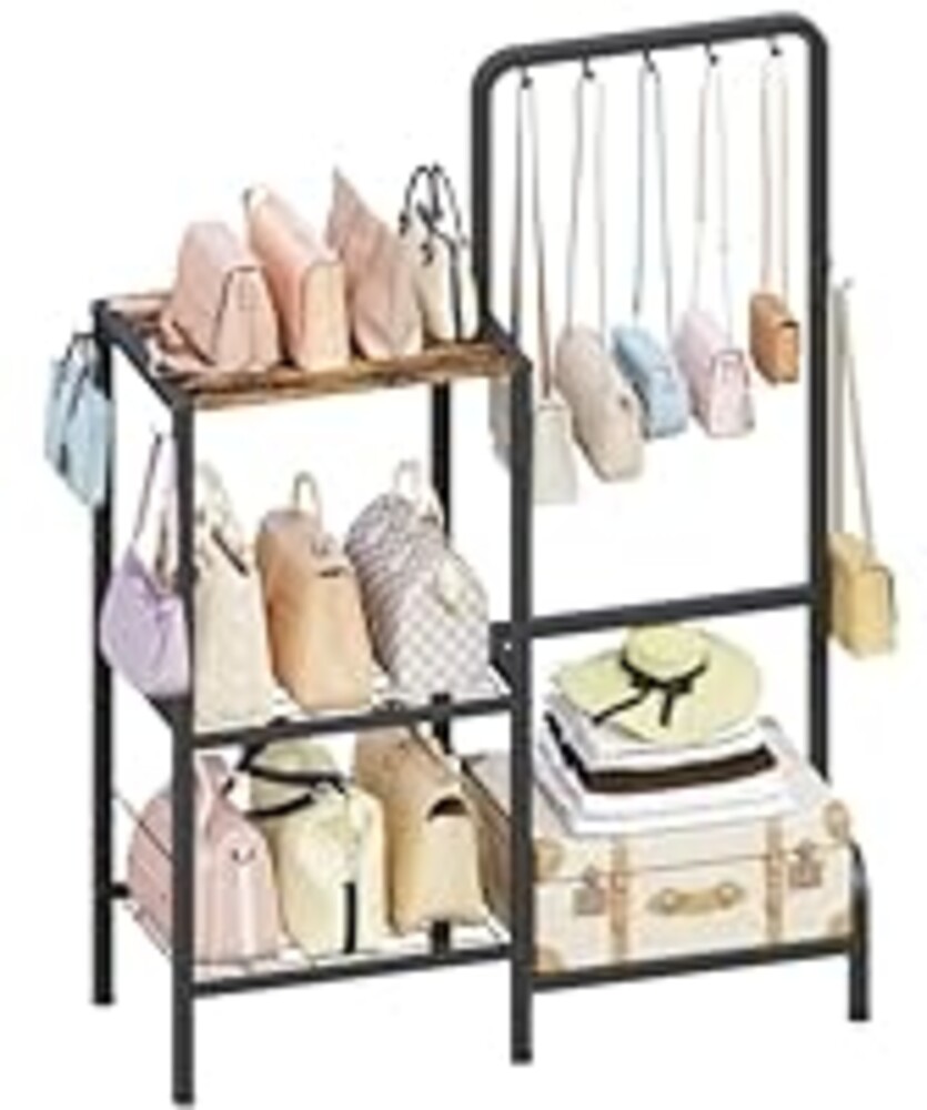 Whoonba Floor-Standing 3-Tier Purse Organizer, High-Capacity Bag Holder with 8 Hooks, Multi-Functional Purse Rack for Various Bags, Handbag Display Stand Shelf for Closet, Bedroom, Entryway, Black