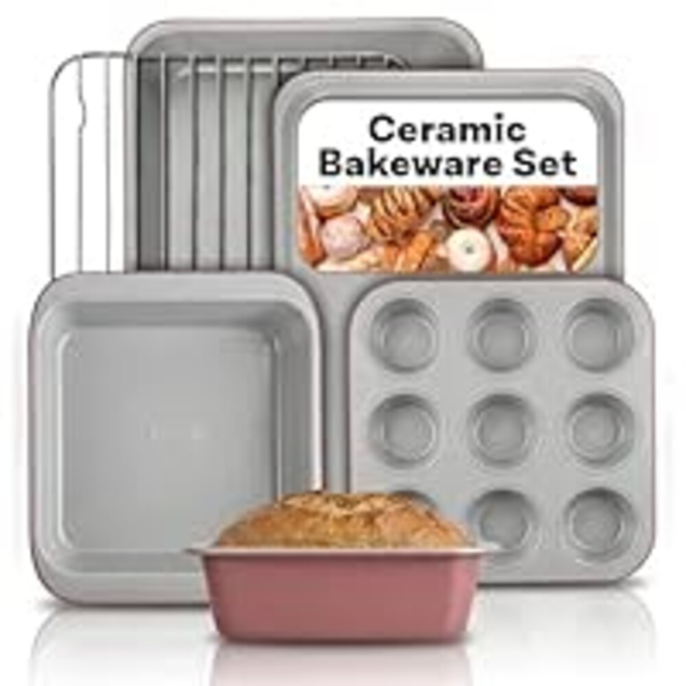 Gotham Steel 6 Pc Stackable Baking Pans Set, 70% Space Saving Design, Ceramic Bakeware Sets Non Toxic Made Without PFOA PFOS, with Baking Sheet Tray, Cake & Muffin Pans, Oven & Dishwasher Safe