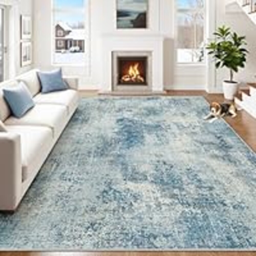 8x10 Washable Area Rugs for Living Room, Modern Abstract Non-Slip TPR Backing Low Pile Carpet - Spill-Proof & Easy-Clean for High-Traffic Areas, Kid & Pet Friendly for Bedroom & Dining (Blue, 8'x10')
