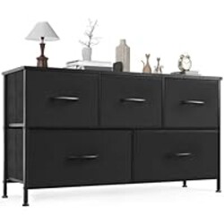 OLIXIS Dresser for Bedroom, 5 Storage Fabric Drawers, Metal Frame and Wooden Top, Tall Storage Drawer Dresser for Closet with Easy Pull Handles for Living Room, Entryway, Small Space Black