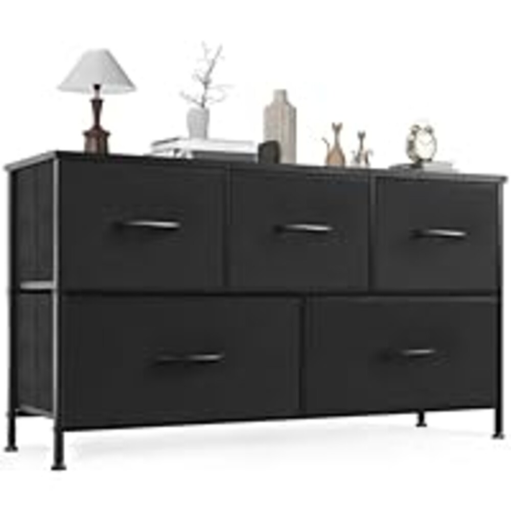 OLIXIS Dresser for Bedroom, 5 Storage Fabric Drawers, Metal Frame and Wooden Top, Tall Storage Drawer Dresser for Closet with Easy Pull Handles for Living Room, Entryway, Small Space Black