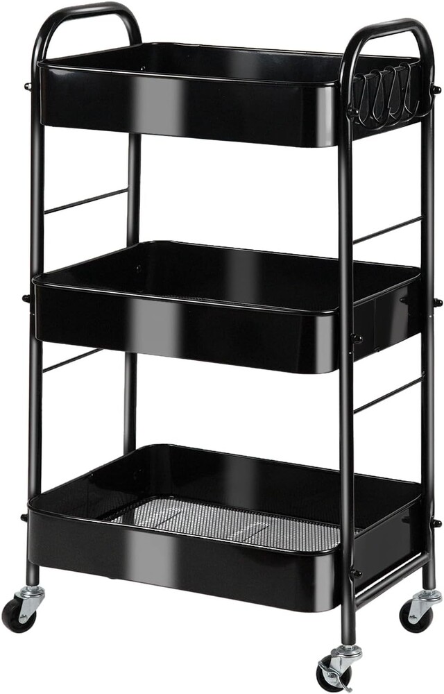 3-Tier Rolling Utility Cart with Stopper Caster Wheels and 4 Hooks, Easy Assembly, for Kitchen, Bathroom, Living Room, Office (17.7”L x 12.2”W x 29.1”H, Black)