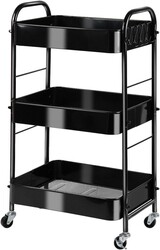 3-Tier Rolling Utility Cart with Stopper Caster Wheels and 4 Hooks, Easy Assembly, for Kitchen, Bathroom, Living Room, Office (17.7”L x 12.2”W x 29.1”H, Black)