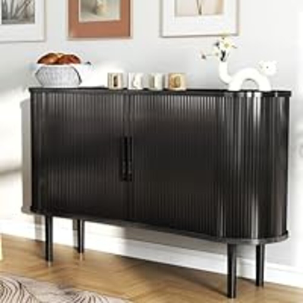 AraSyleon Mid-Century Modern Sideboard Buffet Cabinet, 55" Storage Cabinet with 4 cabinets, Decorative Fluted Sliding Doors for Bedroom Dining Room Small Space, Walnut Finish, Black
