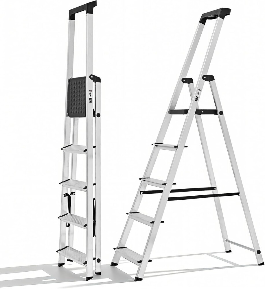 OLIXIS 5 Step Ladder, 330lbs Folding Step Stool with Anti-Slip Wide Pedal Handrails, Aluminum Stool Ladders, Safety Household Ladder for Home Kitchen Courtyard Outdoor