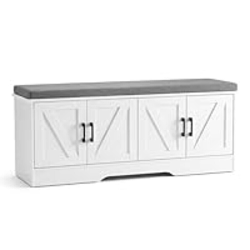 DUMOS Shoe Storage Bench, 47" Wide Shoe Organizer Cabinet with Padded Seat Cushion, 4 Doors, Adjustable Shelf for Entryway, Hallway, Bedroom, Living Room, White