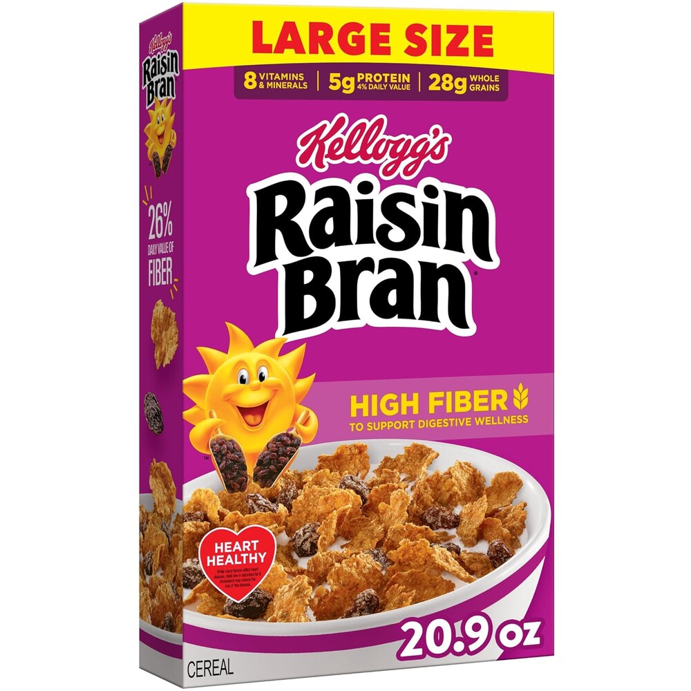 Kellogg’s Raisin Bran Breakfast Cereal, High Fiber, 28g Whole Grain, Large Size, 20.9 oz
