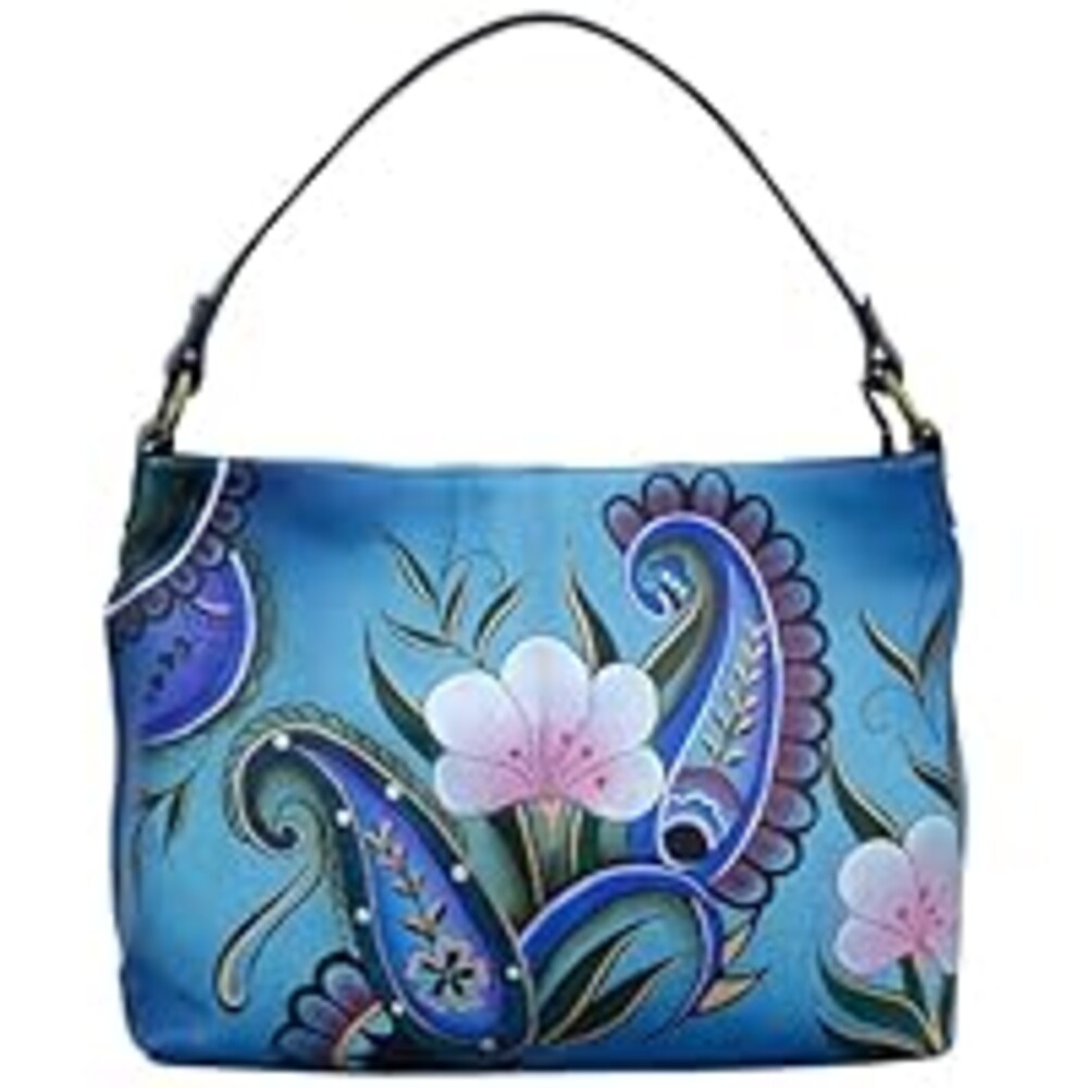 Anna by Anuschka Women's Genuine Leather Large Hobo Handbag | Hand Painted Original Artwork | Zip-Top Organizer | Denim Paisley Floral