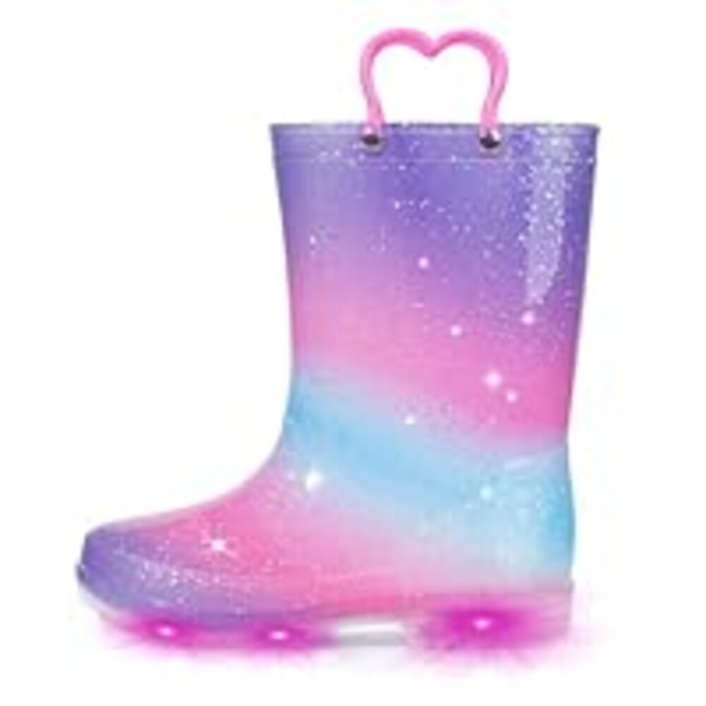 EUXTERPA Toddler Kids Waterproof Light Up Rain Boots Patterns and Glitter Boots with Handles for Girls, Purple Gradient, Toddler Size 5