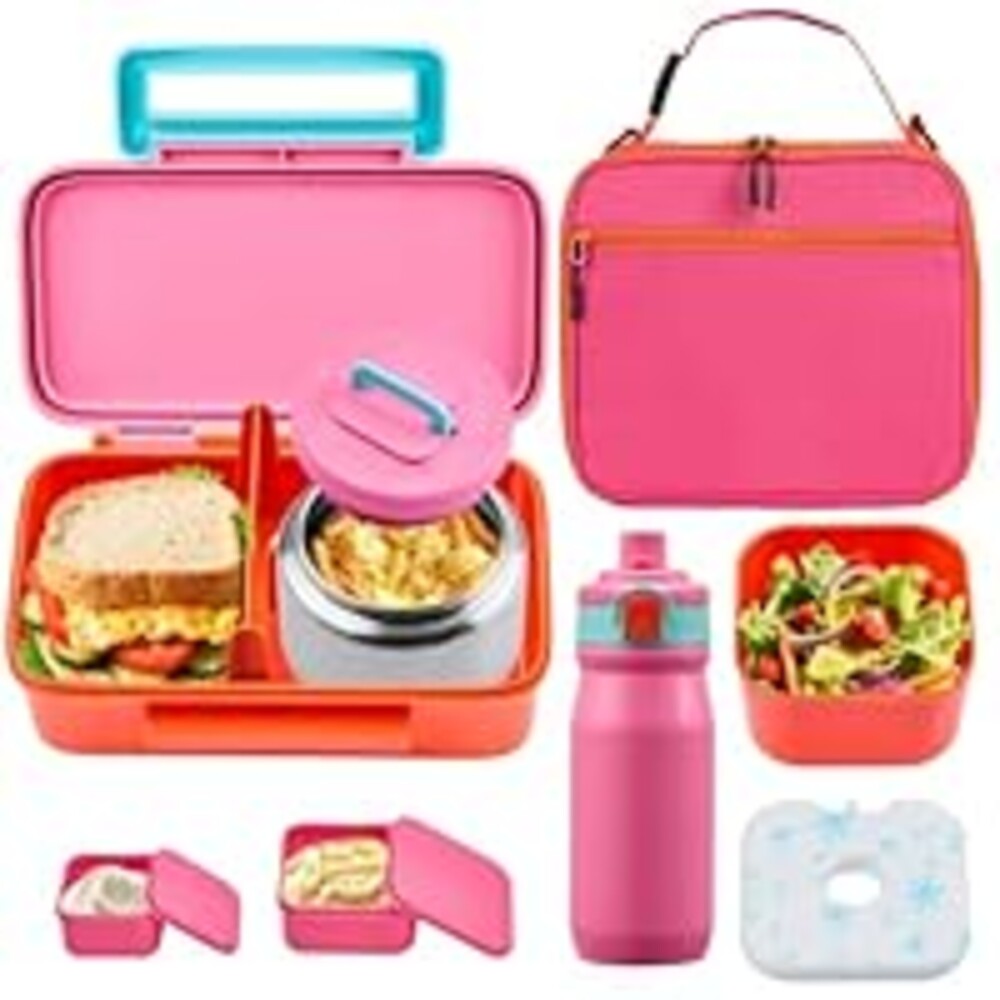 PIQUEBAR Kids Lunch Box with 8oz Thermo, Leakproof Bento Box with Insulated Bag, Kids Insulated Water Bottle with Straw, Food Lunch Container for Back to School Girls, Pink