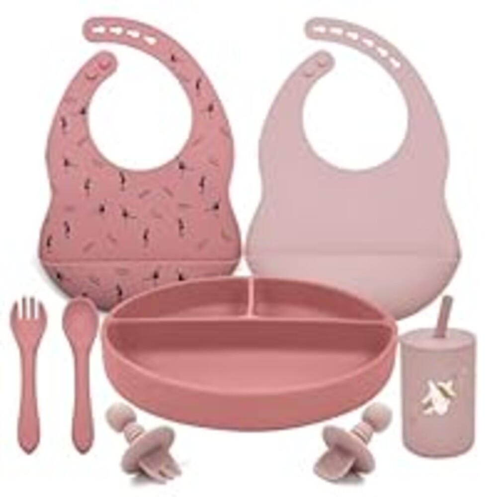 LITTLE RAWR Silicone Baby Feeding Set, Baby Led Weaning Supplies, Baby Spoons Suction Divided Plate Bib Cup, First Stage Solid Food Eating Utensils - 6+ Months(Pink-Red)