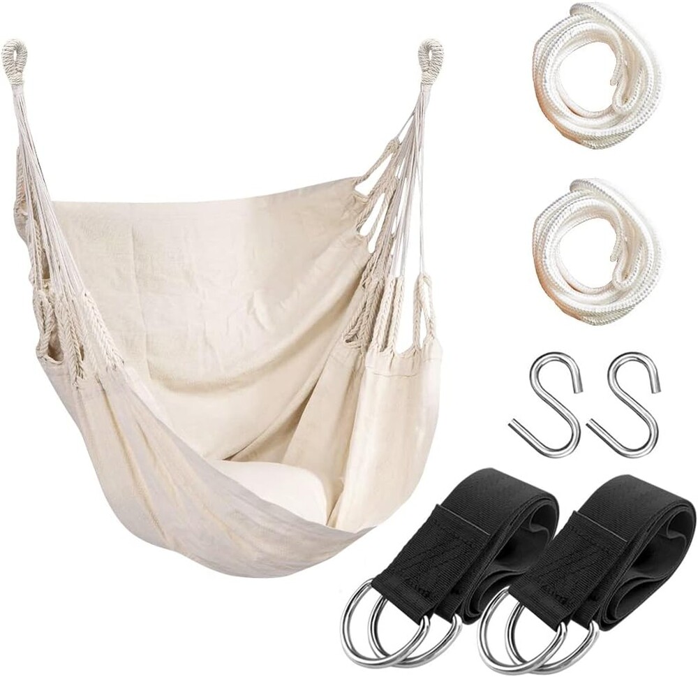 Hammock Chair Hanging Rope Swing Seat for Indoor Outdoor, Sturdy Cotton Weave Hammock Swing, Max 300Lbs Hanging Hammock Chair (Pole and Pillows NOT Included, Beige)