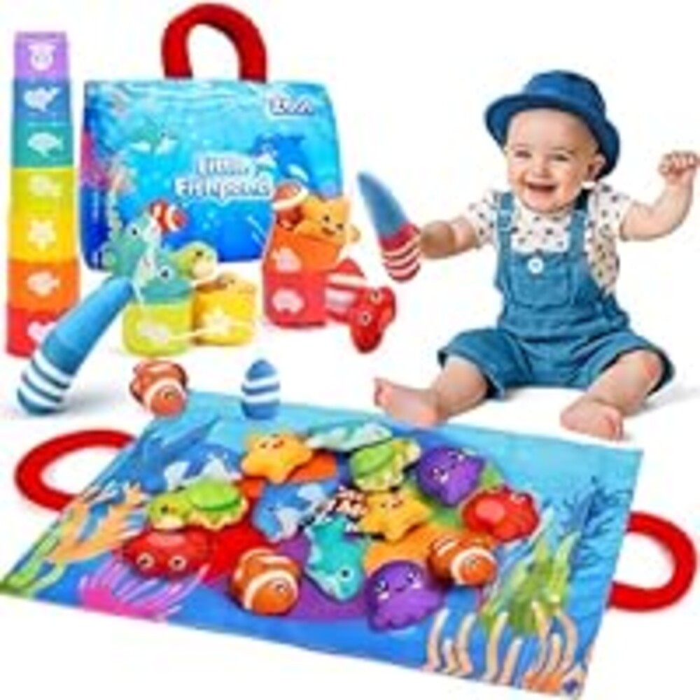 ZOOI Toddler Montessori Toys for 1-3 Year Old, 24PCS Cloth Fishing Game with Stacking Cups for Hand-Brain Coordination, Sensory Baby Toys 6-12 Months, 1-3 Year Old Girl Boy Birthday Gifts
