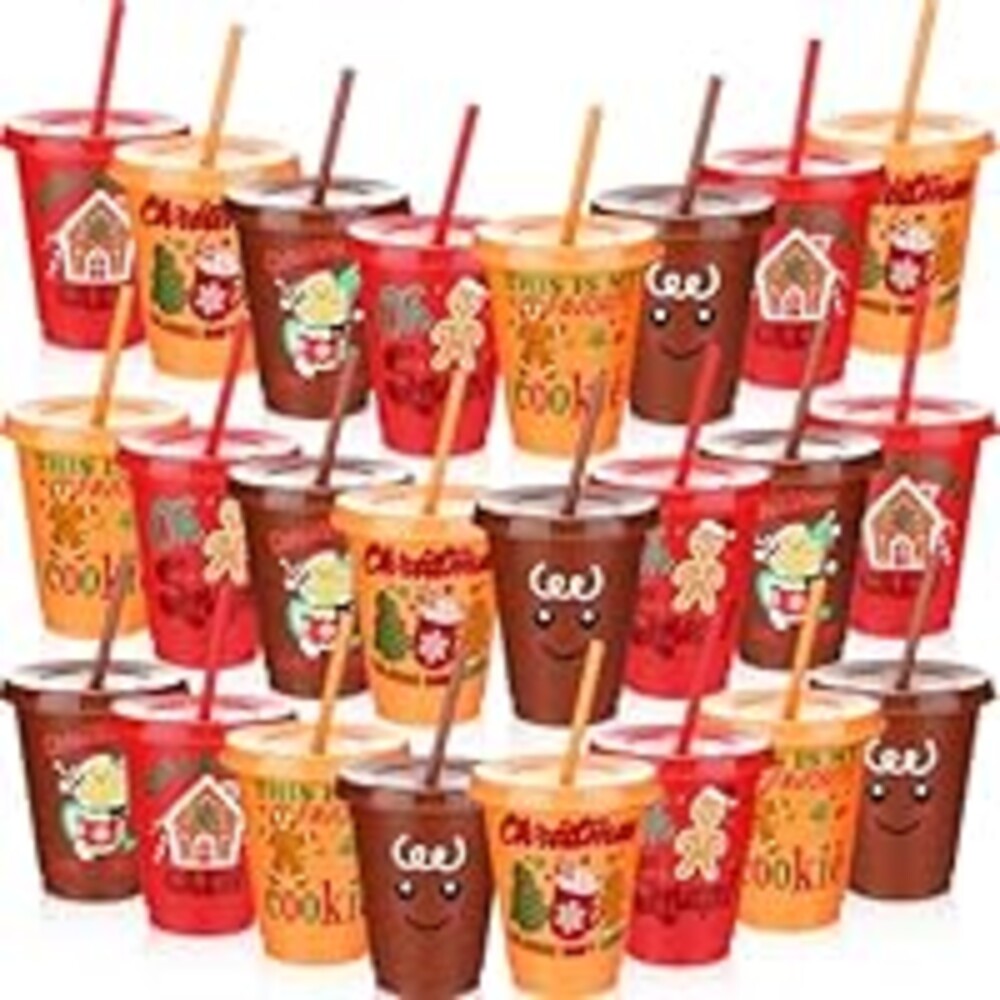 LemonRoad 24 Pcs 16 oz Gingerbread Plastic Cups with Straws and Lids Funny Christmas Tumbler Xmas Reusable Drinking Bottle Coffee Cups Gift for Winter Holiday Birthday Party Favors Supplies