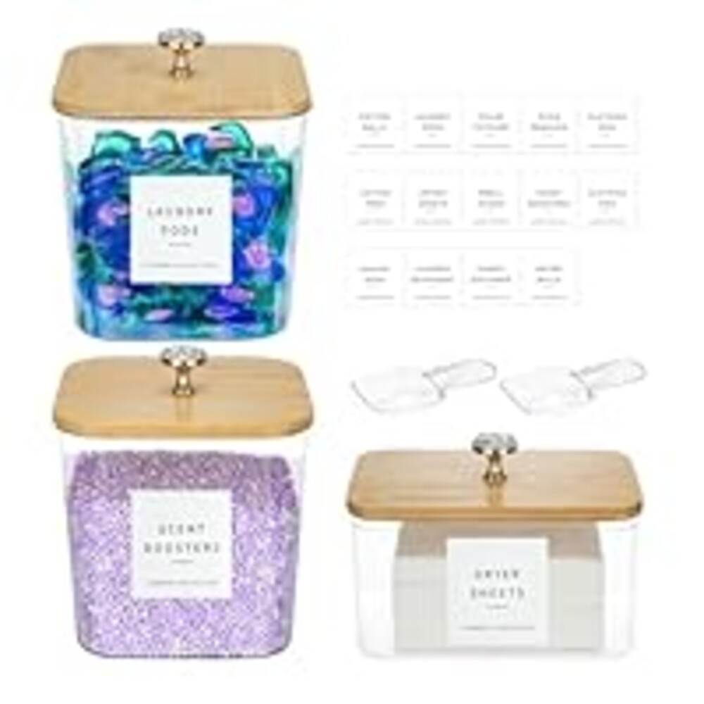 POLRAI 3 Pack Laundry Room Organization Storage Containers Acrylic Laundry Pod Containers and Dryer Sheet Holder with Lids and Labels for Laundry Detergent Laundry Pods Dry Sheet Organizing