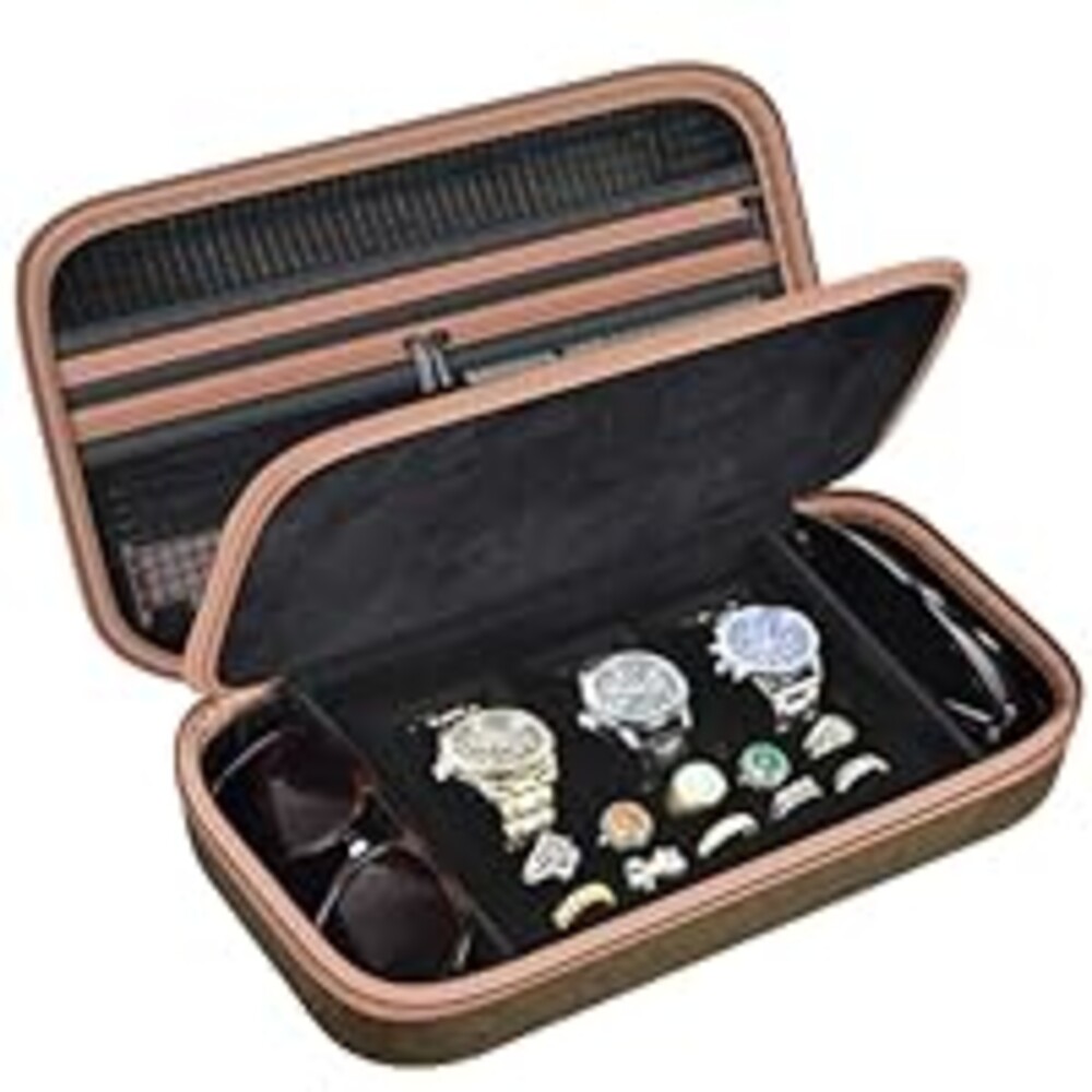 Jewelry Box Watch Case Organizer for Men and Women - Travel Display Boxes Storage with 3 Watch Compartments, 2 Glasses Slots, 10 Ring Holders, Mesh Pouch for Necklaces Bracelets- Brown (Holder Only)