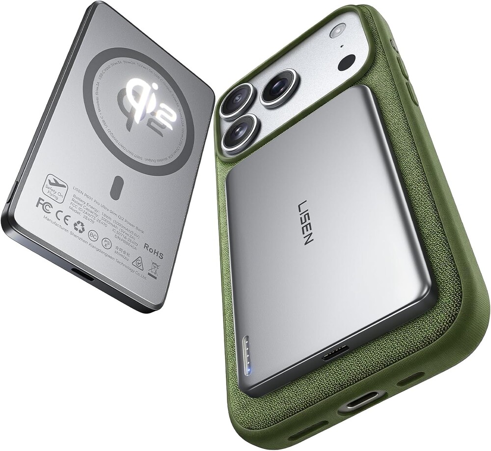 LISEN Qi2 15W Ultra Slim MagSafe Battery Pack,5000mAh Fast Charging MagSafe Power Bank Slim Wireless,Travel Essentials Magnetic Portable Charger,Magnetic Power Bank for iPhone Air/17/16/15-12 Series