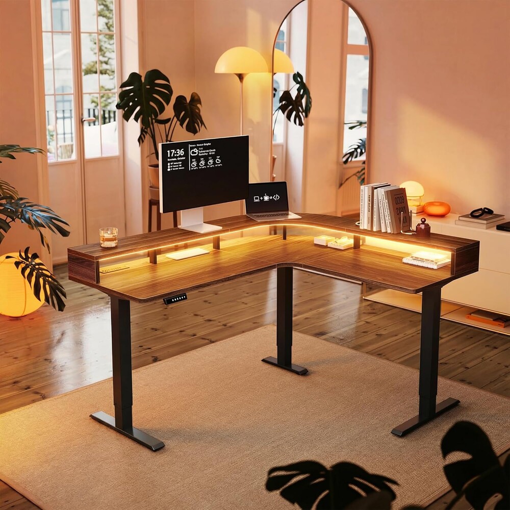 HUANUO L Shaped Electric Standing Desk with LED Strip & Power Outlets, 63" x 55" 2-Tier Height Adjustable Sit Stand up Desk, Large Corner Gaming Desk with Power Strip Holder, Walnut