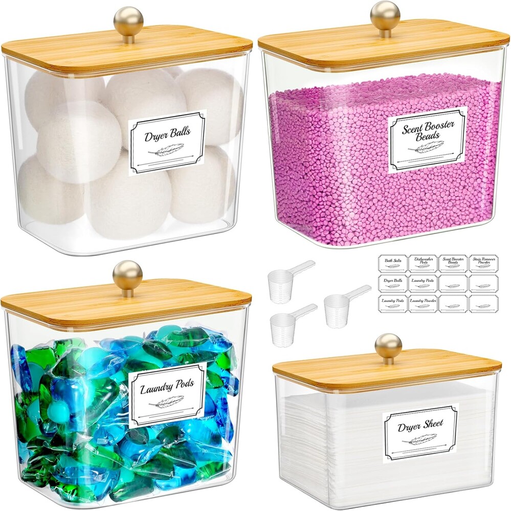 Lifewit Laundry Pods Container with Lid, Dryer Sheet Holder, Room Organization Storage for Coffee Pods Kcup Washing Powder, Scent Booster Beads, 2600 +2000ml/0.53+0.7gal，Natural,4 Pcs