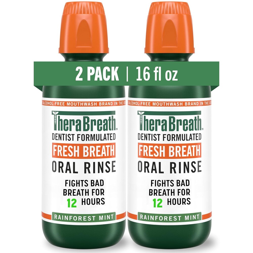 TheraBreath Fresh Breath Mouthwash, Rainforest Mint, Alcohol-Free, 16 Fl Oz (2-Pack)