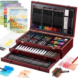 194 Piece Deluxe Art Set, Painting Drawing Art Supplies with 4 Drawing Pads, Acrylic Paints, Crayons, Colored Pencils Set in Wooden Case, Art Kit Gift Box for Kids, Teens, Adults, Artists, Beginners